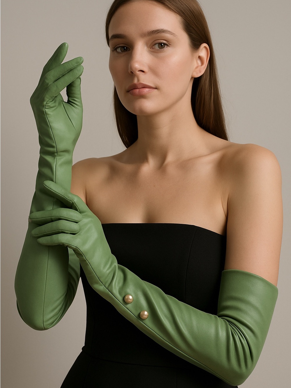 Vintage 1950s Green long opera Gloves sz 7-7 1/2 faux Pearl closure mid century